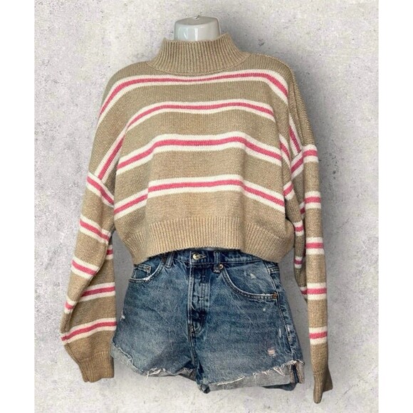 Forever 21 Women’s Size Large Mock Neck Pullover Cropped Boyfriend Sweater Tan - Picture 3 of 7